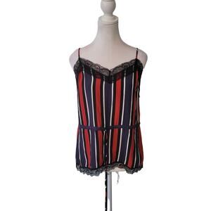 Zara Size XS TRF Cami Blue Red Striped Camisole Lightweight Satin Lace Trim